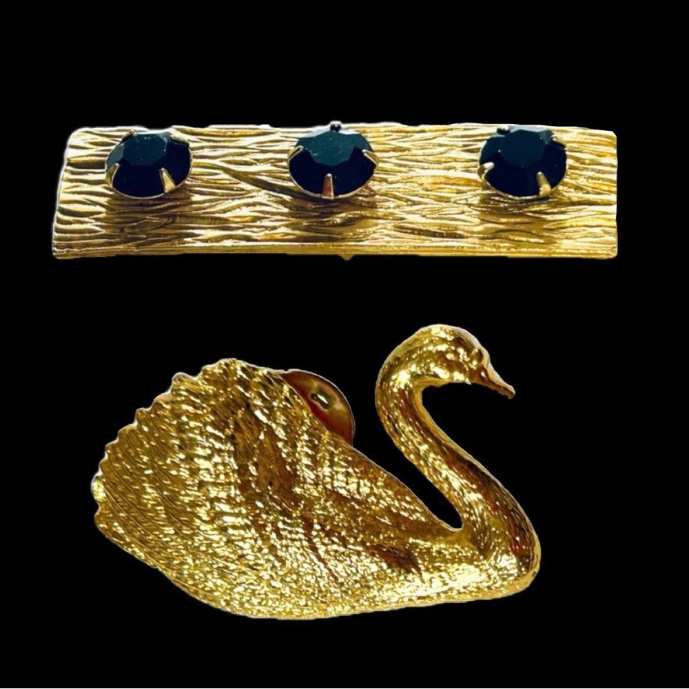 Vintage Avon Precious Love Gold Tone Hair Barrett Black Rhinestone & 1992 Swan